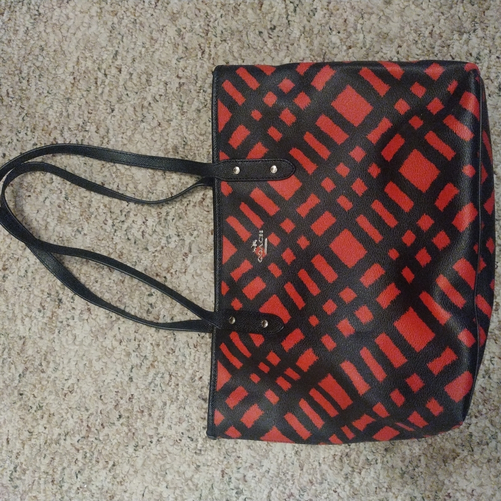 Coach Red and Black Plaid Tote Bag